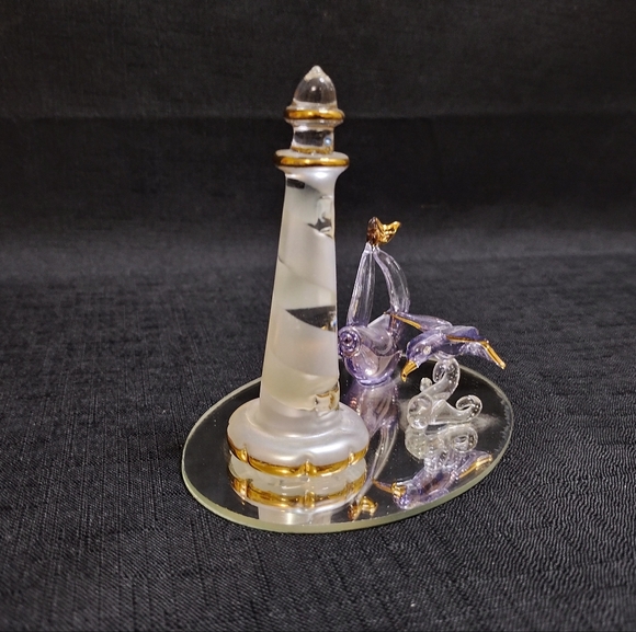 Elegant Glass Lighthouse Figurine with Gold Accents & Purple Sailboat, Seagull - Picture 1 of 14